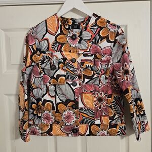 Lark Lane Black, White And Orange Bright floral jacket button front size 8